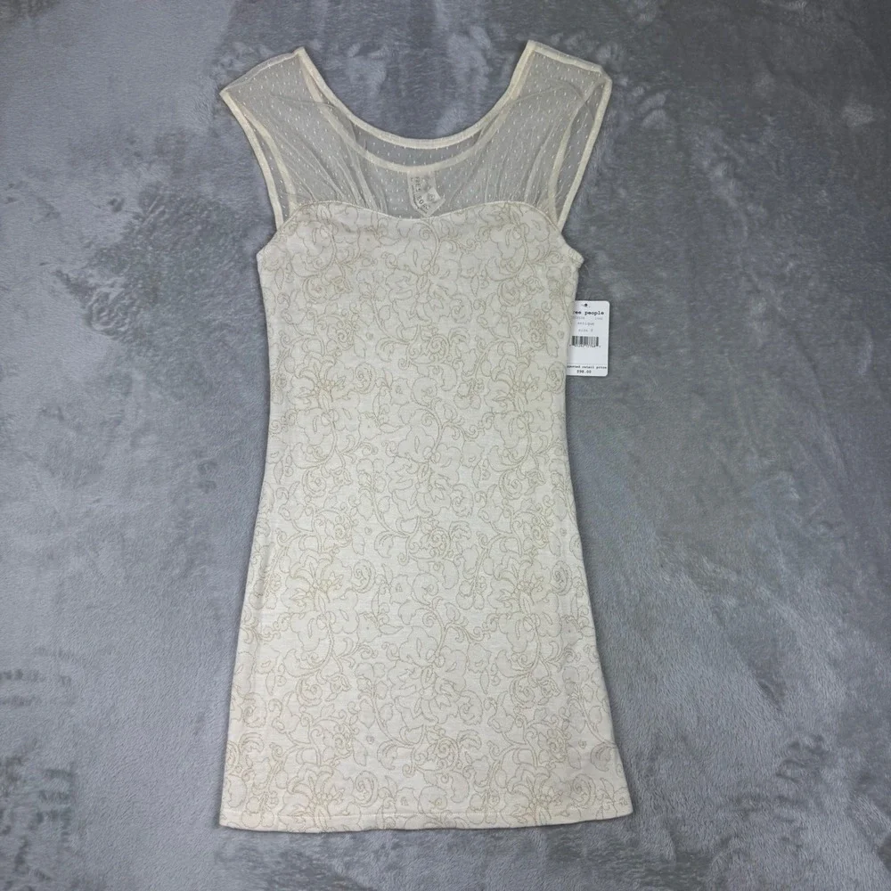 Free People Sheer Mesh Yoke Floral Knit Mini Dress Womens Size S Antique NEW